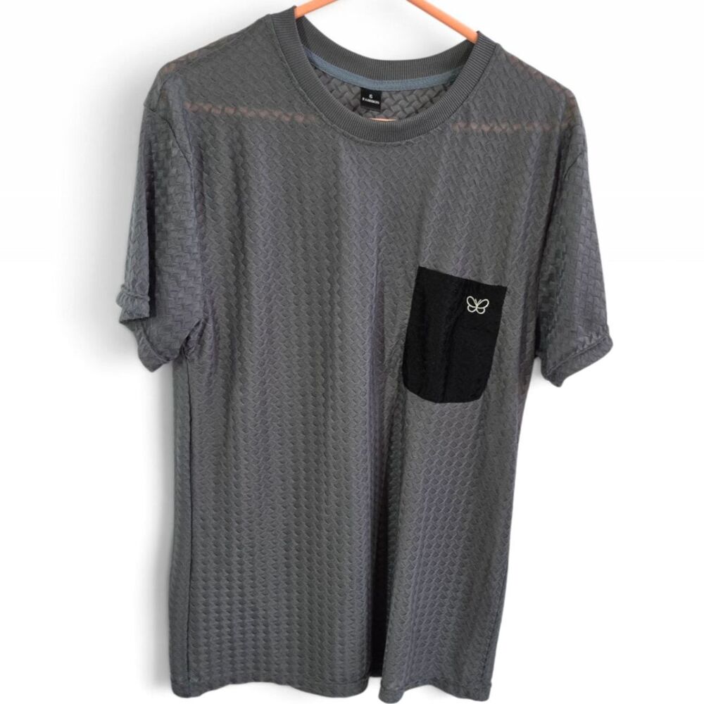 Women's Grey Textured Mesh Knit T-Shirt Black Embroidered Pocket Size 6 (US 4)
